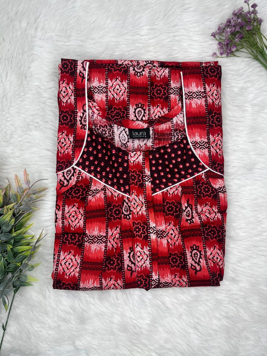 Persian Plum Printed Square Neck Pleated Zip Pure Cotton Nighty Free Size Short Sleeve (Suits for bra size 34″- 40″ | 54-56 inch length)