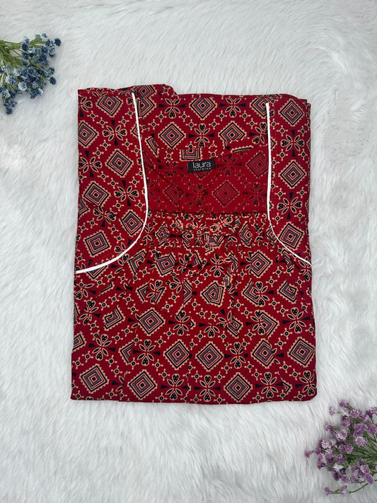 UP Maroon Printed Cotton Square Neck Elastic Pleated Nighty Free Size Short Sleeve (Suits for bra size 34″- 40″ | 54-56 inch length)