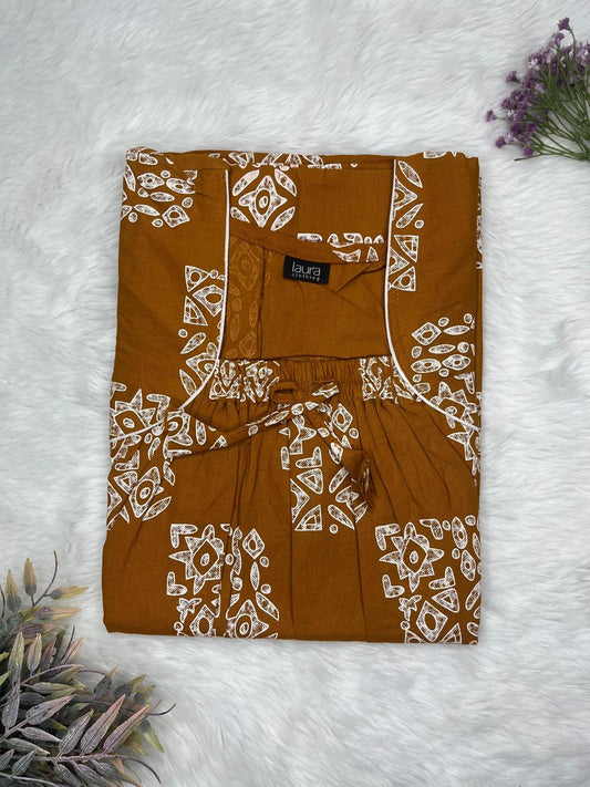 Russet Floral Printed Pure Cotton Square Neck Elastic Pleated Nighty Free Size Short Sleeve (Suits for bra size 34″- 40″ | 54-56 inch length)