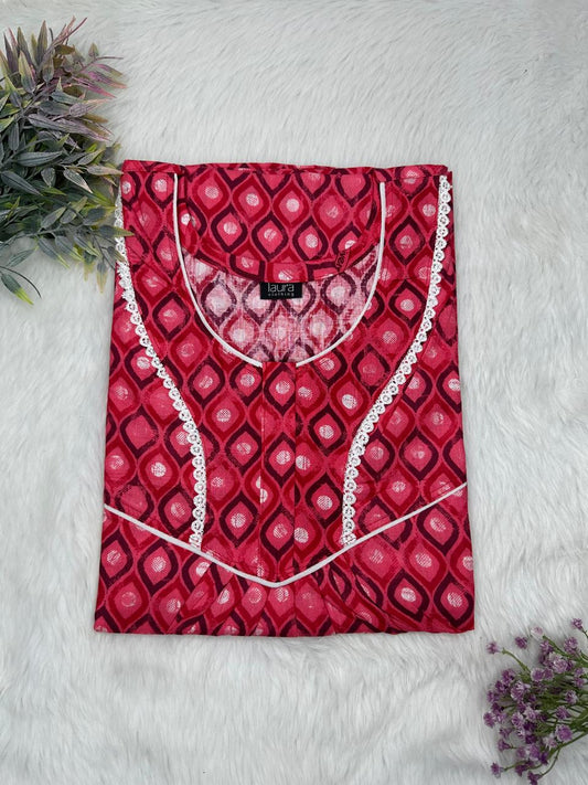 Bright Maroon Printed Round Neck Normal Zip Pure Cotton Nighty Free Size Short Sleeve (Suits for bra size 34″- 40″ | 54-56 inch length)