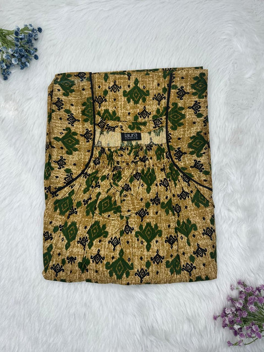 Dark Tan Printed Cotton Square Neck Elastic Pleated Nighty Free Size Short Sleeve (Suits for bra size 34″- 40″ | 54-56 inch length)