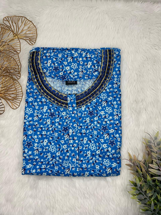 Lapis Lazuli Printed 12" Long Zip Pure Cotton Matching Neck Embroidery Feeding Nighty Free Size Short Sleeve (Suits for bra size 34″- 40″ | 54-56 inch length)
