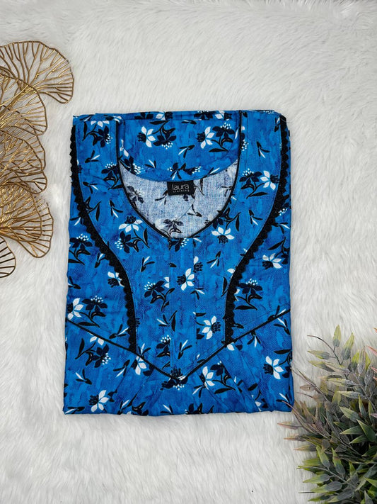 Green Blue Printed Round Neck Normal Zip Pure Cotton Nighty Free Size Short Sleeve (Suits for bra size 34″- 40″ | 54-56 inch length)
