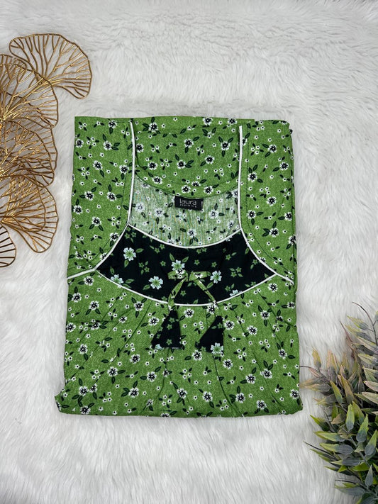 Fern Green Floral Printed Square Neck No Zip Pleated Pure Cotton Nighty Free Size Short Sleeve (Suits for bra size 34″- 40″ | 54-56 inch length)