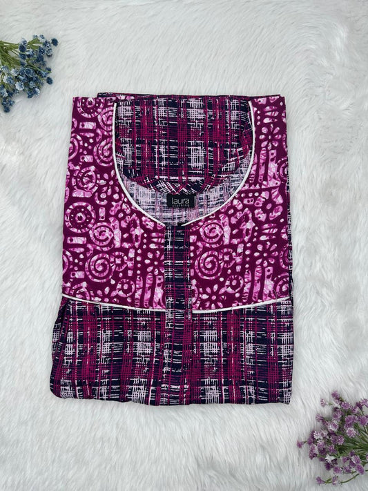Tyrian Purple Printed Round Neck Pleated Pure Cotton Feeding Nighty With Two Side Vertical Zip and Single Centre Zip Free Size Short Sleeve (Suits for bra size 34″- 40″ | 54-56 inch length)