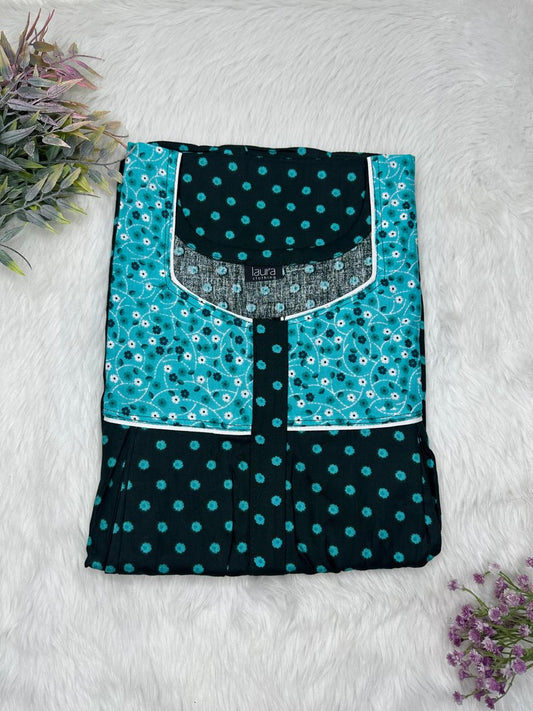 Pacific Blue and Onyx Printed Square Neck Pleated Pure Cotton Feeding Nighty With Two Side Vertical Zip and Single Centre Zip Free Size Short Sleeve (Suits for bra size 34″- 40″ | 54-56 inch length)