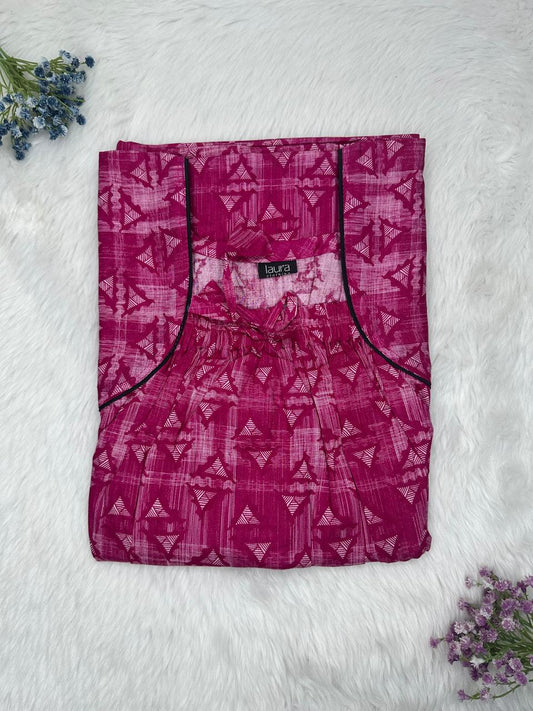 Pansy Purple Printed Cotton Square Neck Elastic Pleated Nighty Free Size Short Sleeve (Suits for bra size 34″- 40″ | 54-56 inch length)