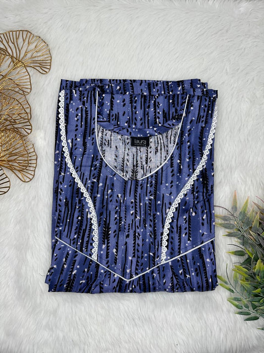 UCLA Blue Printed Round Neck Normal Zip Pure Cotton Nighty Free Size Short Sleeve (Suits for bra size 34″- 40″ | 54-56 inch length)