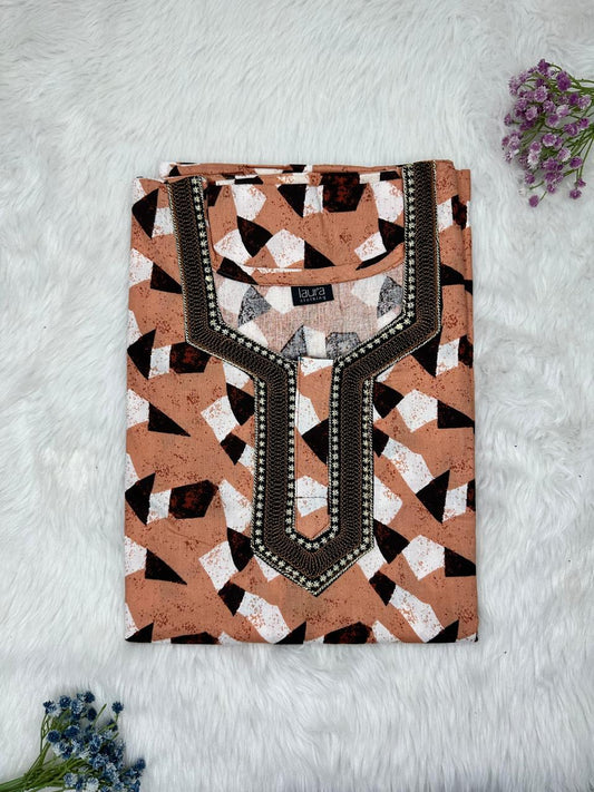 French Beige Normal Zip Embroidery Neck Pure Cotton Nighty Plus Size Short Sleeve (Suits for bra size 40″- 46″ | 54-56 inch length)