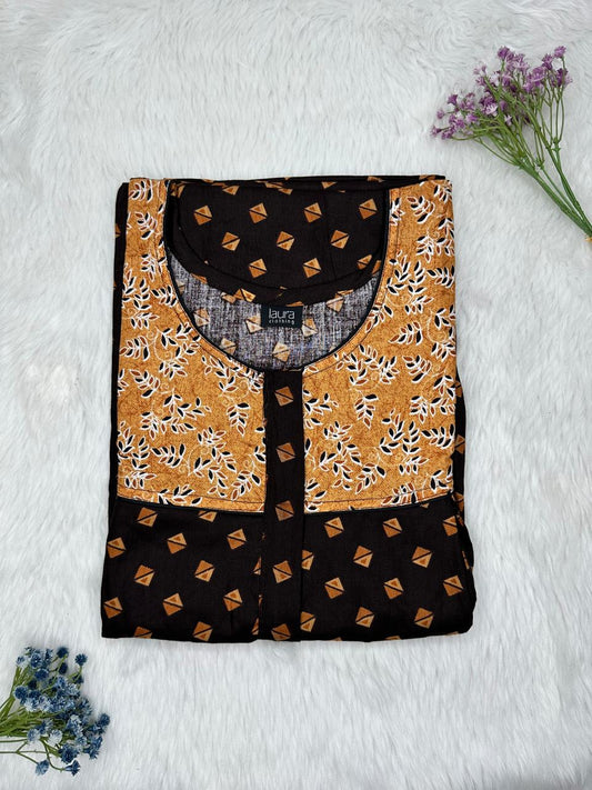 Onyx and Copper Printed Round Neck Pleated Pure Cotton Feeding Nighty With Two Side Vertical Zip and Single Centre Zip Free Size Short Sleeve (Suits for bra size 34″- 40″ | 54-56 inch length)