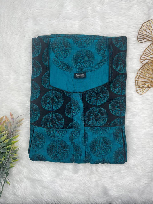 Teal Blue and Onyx Printed Square Neck Pleated Pure Cotton Feeding Nighty With Two Side Vertical Zip and Single Centre Zip Free Size Short Sleeve (Suits for bra size 34″- 40″ | 54-56 inch length)