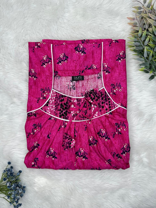 Red Violet Printed Square Neck No Zip Pleated Pure Cotton Nighty Free Size Short Sleeve (Suits for bra size 34″- 40″ | 54-56 inch length)