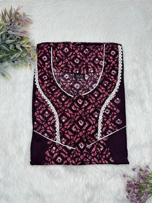 Old Mauve and Dark Purple Printed Round Neck Centre Long 12" Zip Pure Cotton Feeding Nighty Free Size Short Sleeve (Suits for bra size 34″- 40″ | 54-56 inch length)