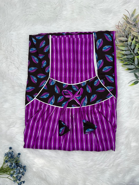 Dark Magenta Printed Front and Pleated Pure Cotton Nighty Free Size Short Sleeve (Suits for bra size 34″- 40″ | 54-56 inch length)