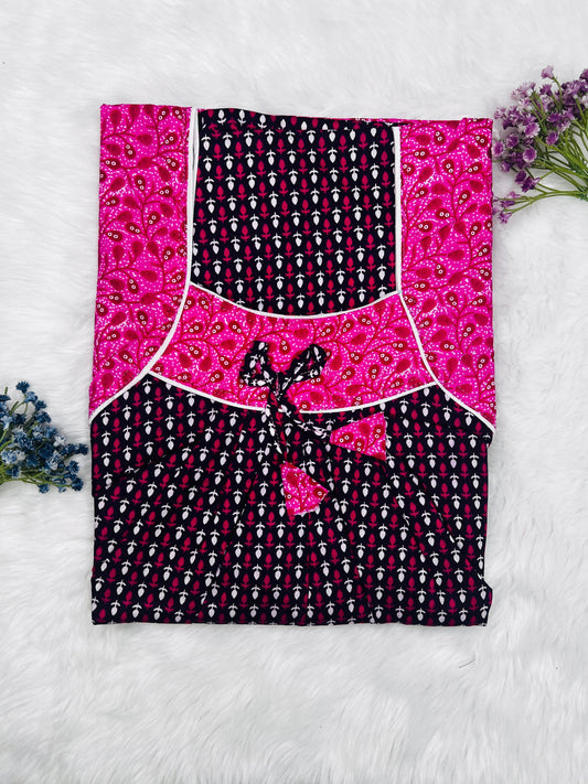 Deep Cerise and Black Mix and Match Pattern Printed Front and Back Pleated Pure Cotton Nighty Free Size Short Sleeve (Suits for bra size 34″- 40″ | 54-56 inch length)