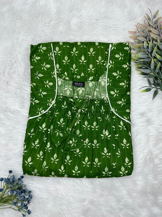 Myrtle Printed Pure Cotton Square Neck Elastic Pleated Nighty Free Size Short Sleeve (Suits for bra size 34″- 40″ | 54-56 inch length)