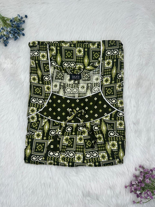 Dark Olive Green Printed Square Neck No Zip Pleated Pure Cotton Nighty Free Size Short Sleeve (Suits for bra size 34″- 40″ | 54-56 inch length)