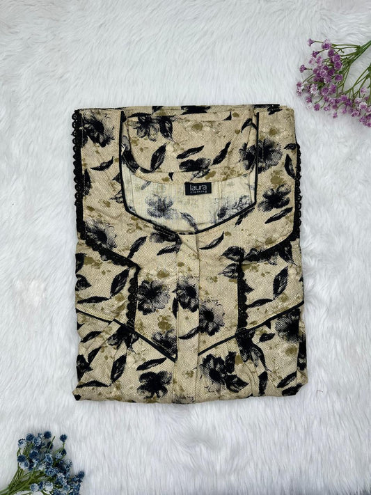 Khaki Printed Square Neck Centre Long 12" Zip Pure Cotton Feeding Nighty Free Size Short Sleeve (Suits for bra size 34″- 40″ | 54-56 inch length)