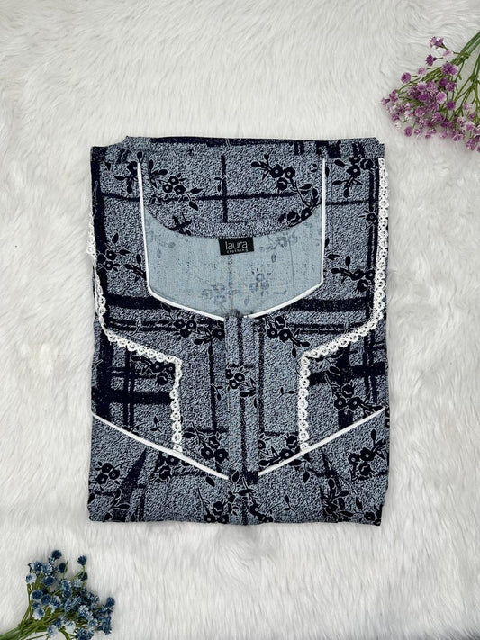 Charcoal and Onyx Printed Square Neck Centre Long 12" Zip Pure Cotton Feeding Nighty Free Size Short Sleeve (Suits for bra size 34″- 40″ | 54-56 inch length)
