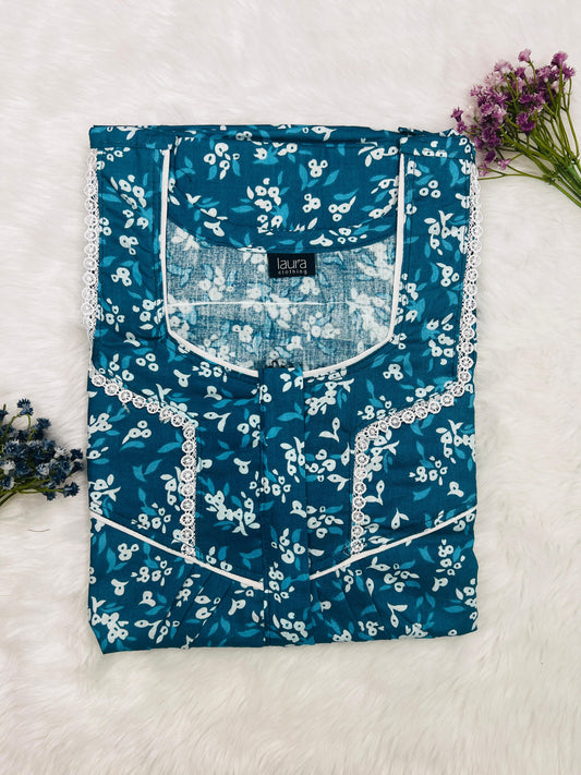 Teal Blue Printed Mix and Match Square Neck Centre Long 12" Zip Pure Cotton Feeding Nighty Free Size Short Sleeve (Suits for bra size 34″- 40″ | 54-56 inch length)