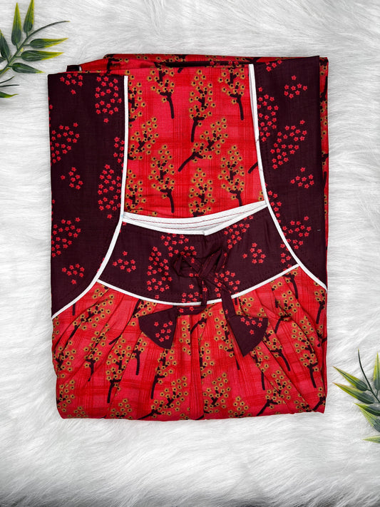 Lava Red Pattern Printed Front and Back Pleated Pure Cotton Nighty Free Size Short Sleeve (Suits for bra size 34″- 40″ | 54-56 inch length)