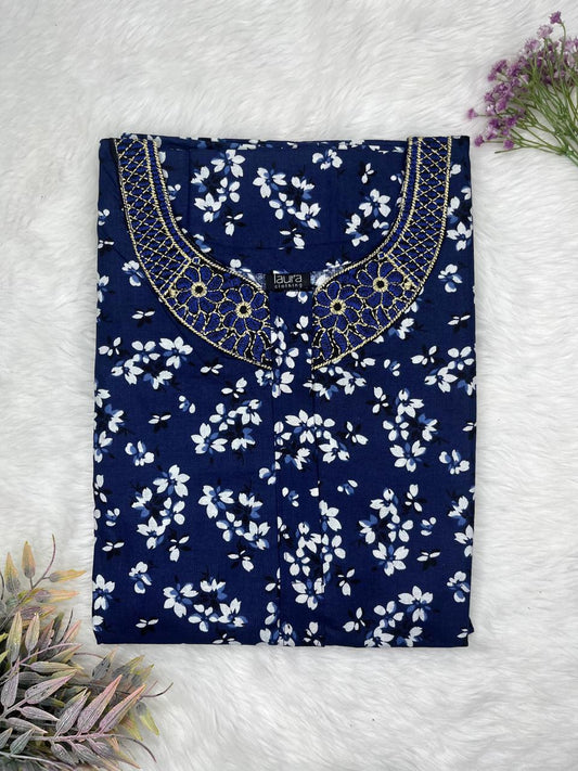 Oxford Blue Printed 8" Long Zip Matching Embroidery Neck Pure Cotton Feeding Nighty Plus Size Short Sleeve (Suits for bra size 40″- 46″ | 54"-56" inch length)