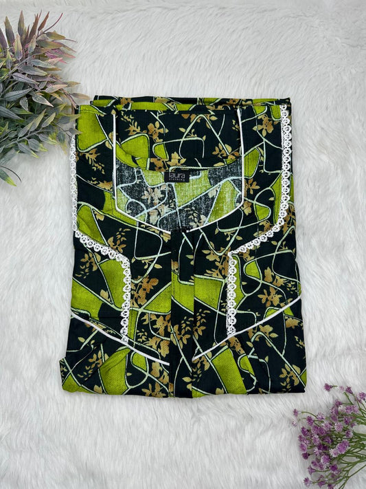 Apple Green and Onyx Printed Square Neck Centre Long 12" Zip Pure Cotton Feeding Nighty Free Size Short Sleeve (Suits for bra size 34″- 40″ | 54-56 inch length)