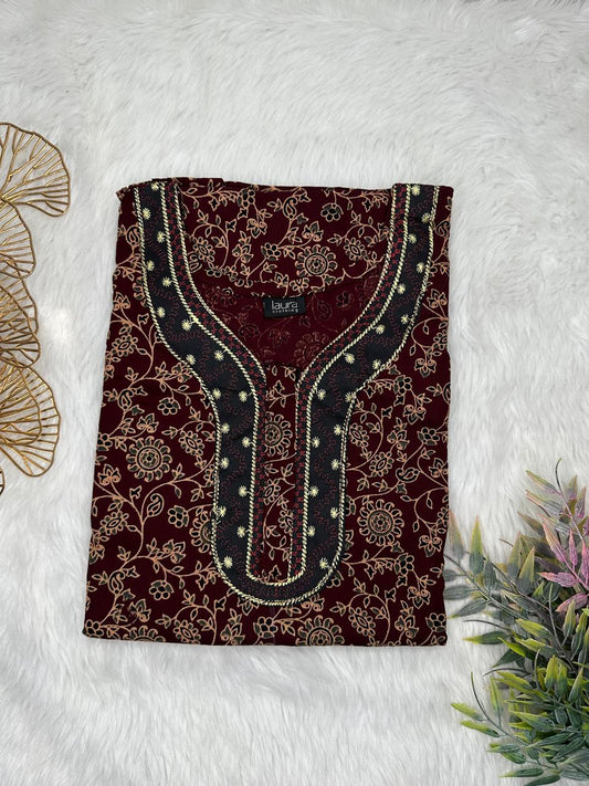 Seal Brown Printed Normal Zip Embroidery Neck Pure Cotton Maternity Nighty Plus Size Short Sleeve (Suits for bra size 40″- 46″ | 54-56 inch length)