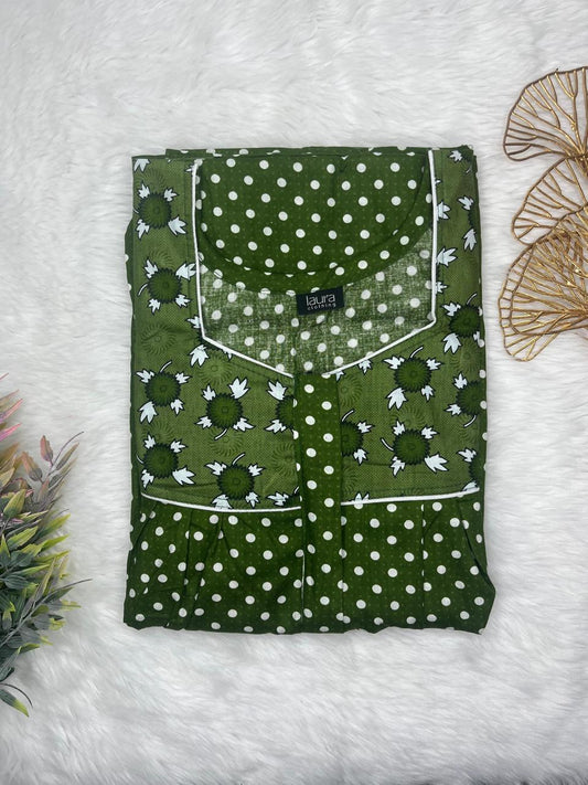 Army Green and Dark Olive Green Printed Mix N Match Square Neck Pleated Cotton Nighty With Centre -8″ Zip Short Sleeve Free Size (Suits for bra size 34″- 40″ | 54-56 inch length)