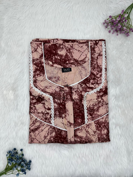 Pale Taupe Printed Square Neck Centre Long 12" Zip Pure Cotton Feeding Nighty Free Size Short Sleeve (Suits for bra size 34″- 40″ | 54-56 inch length)