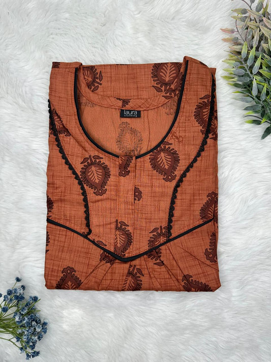 Dark coral Leaf Printed Round Neck Normal Zip Pure Cotton Nighty Free Size Short Sleeve (Suits for bra size 34″- 40″ | 54-56 inch length)