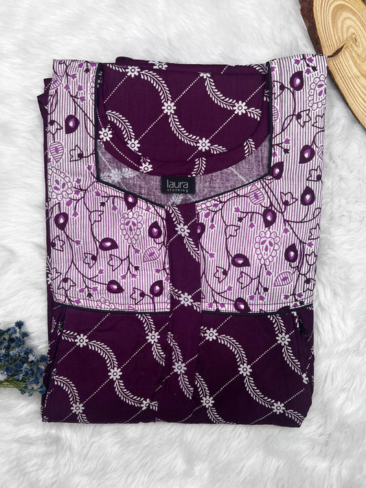 Antique Fuchsia Printed Square Neck Pleated Pure Cotton Feeding Nighty With Two Side Vertical Zip and Single Centre Zip Free Size Short Sleeve (Suits for bra size 34″- 40″ | 54-56 inch length)