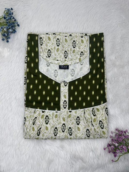 Platinum and Phthalo Green Printed Mix N Match Square Neck Pleated Cotton Nighty With Centre -8″ Zip Short Sleeve Free Size (Suits for bra size 34″- 40″ | 54-56 inch length )